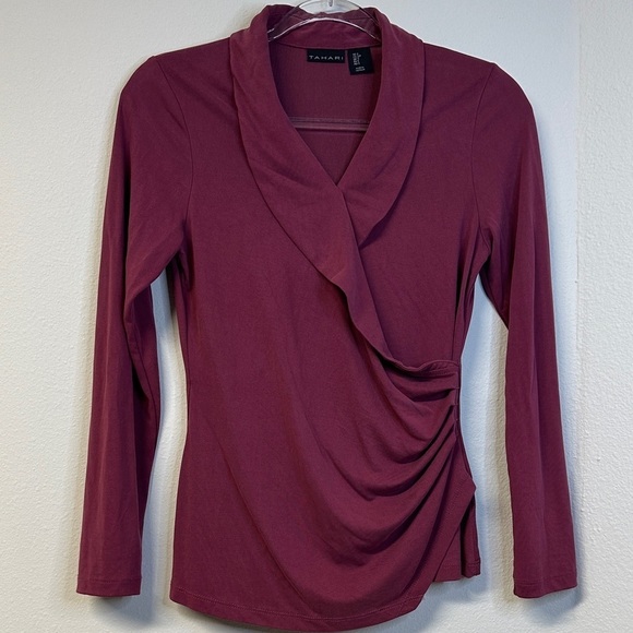 Tahari Tops - Tahari Burgundy Draped Faux Wrap Blouse Women's Size S EUC